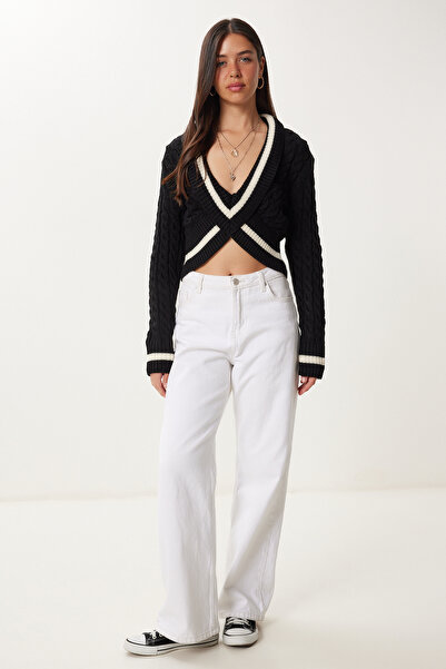 Happiness İstanbul Pulover de damă negru contrastant de culoare crop tricotaje RW00007