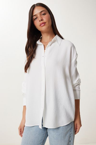 Happiness İstanbul Cămașă de in oversize ecru pentru femei PB00052