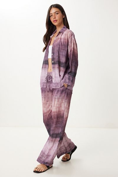 Happiness İstanbul Women's Plum Pink Tie Dye Patterned Woven Shirt Trousers Set Hr00006