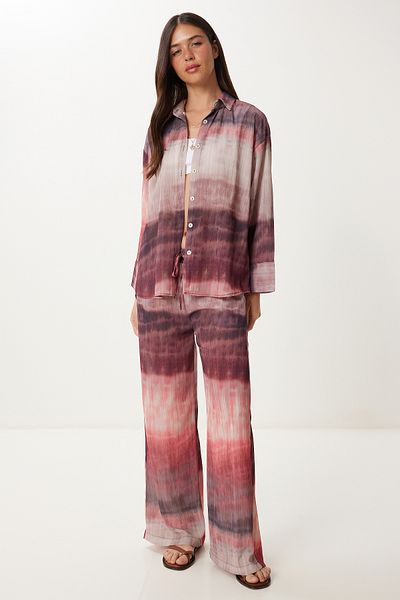 Happiness İstanbul Women's Beige Pink Tie Dye Patterned Woven Shirt Trousers Set Hr00006
