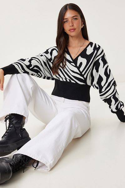 Happiness İstanbul Pulover de tricotaj crop cu model cu guler dublu ecru negru pentru femei Kİ00132