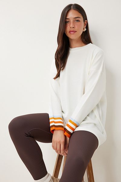 Happiness İstanbul Women's Bone Orange Sleeve Striped Long Knitwear Sweater Ki̇00140
