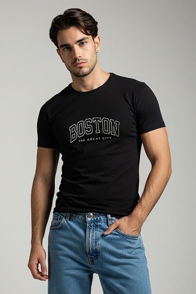 Trendyol Collection Black Slim/Fitted Boston Printed Cotton T-Shirt Tmnss25Ts00183