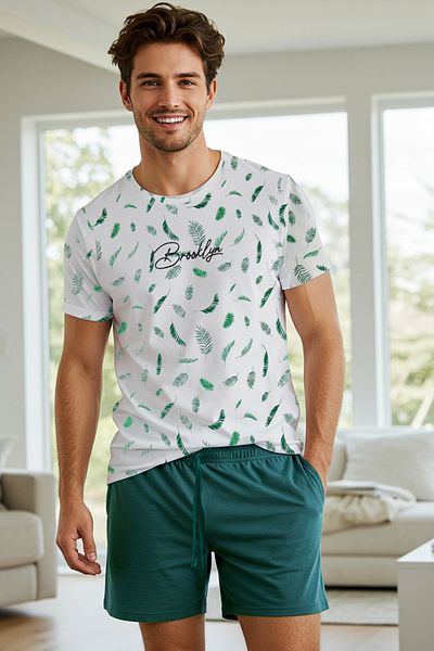 Trendyol Collection Πράσινο σετ πιτζάμες με κεντημένο σορτς με λεπτή εφαρμογή - Ecru TMNSS25PT00006