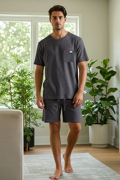 Trendyol Collection Anthracite Oversize Fit Ribbed Knitted Shorts Pajama Settmnss25Pt00030