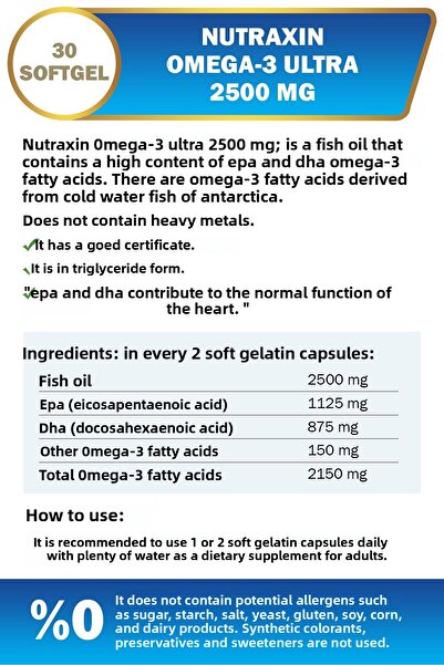 Nutraxin Omega3 Ultra 2500 Mg 30 Softgels - Fish Oil, Epa 1125, Dha 875 Mg