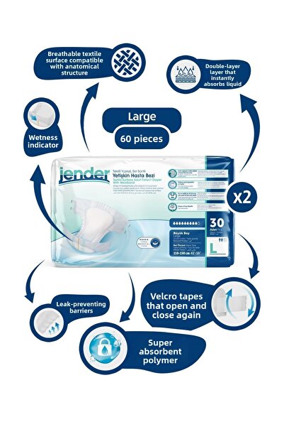 JENDER حفاضات للمريض بحزام خصر كبير 30x2 60 قطعة