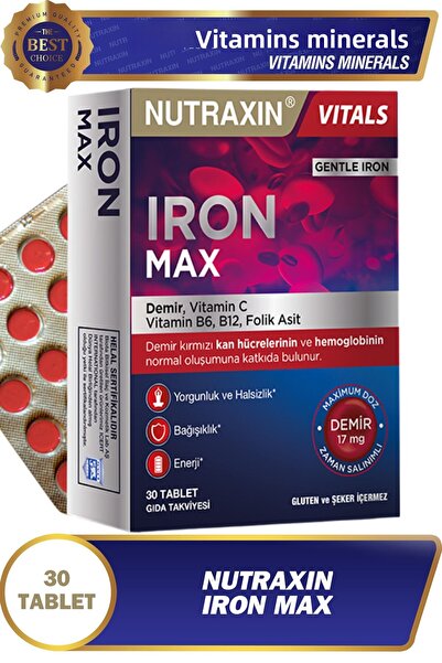 Nutraxin أيرون ماكس 30 - قرص الحديد وفيتامين سي (B6، حمض الفوليك، B12)