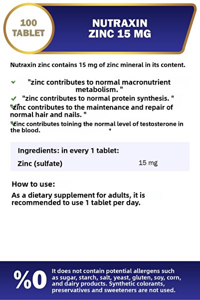 Nutraxin Zinc Sulphate 15 mg 100 Tablets Food Supplement Containing Zinc Sulfate