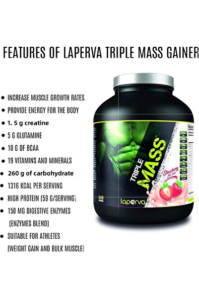 Laperva Triple Mass Gainer Protein, High Calorie Weight Gainer, Strawberry Milkshake, 6 Lb