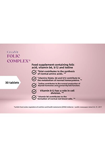 Creavit Folic Complex (400 mcg Folic Acid+B6+Vitamin B12+Iodine) 30 Film Coated Tablets x 3 Pieces
