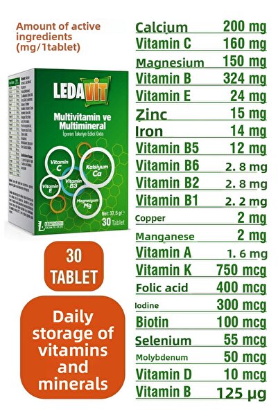 DermoExpress Ledavit متعدد الفيتامينات والمعادن 30 قرصًا - حاوية الكالسيوم وا...
