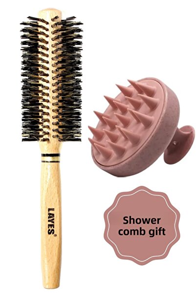 Layes High Temperature Resistant Melted Blow Dry Brush - Wooden Handle, Large Size, Pink Shower Comb
