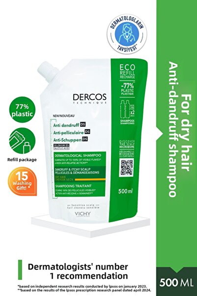 Vichy Dercos Anti-Dandruff Anti-Dandruff Care Shampoo, Dry Hair, Refill Pack 500 ml