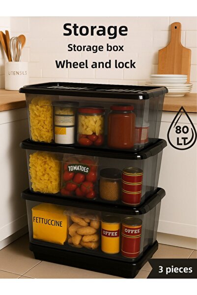 Loremp 80 Lt Storage Box with Wheels (Set of 3) - Lockable, Suitable for Food Contact, Transparent Storage Box