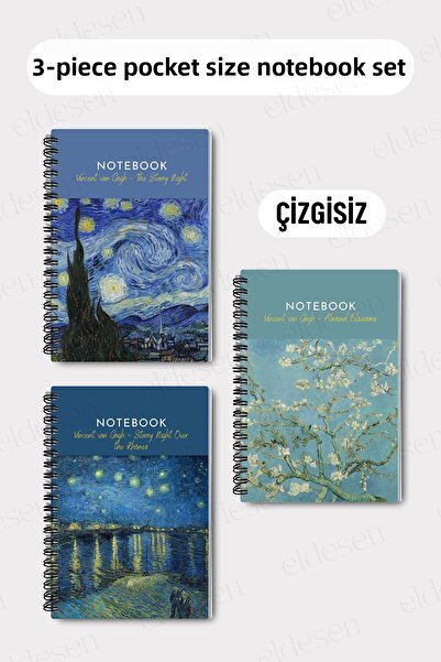 Eldesen Tasarım Set of 3 Pocket Size A6 Spiral Unlined Notebooks, Cardboard C...