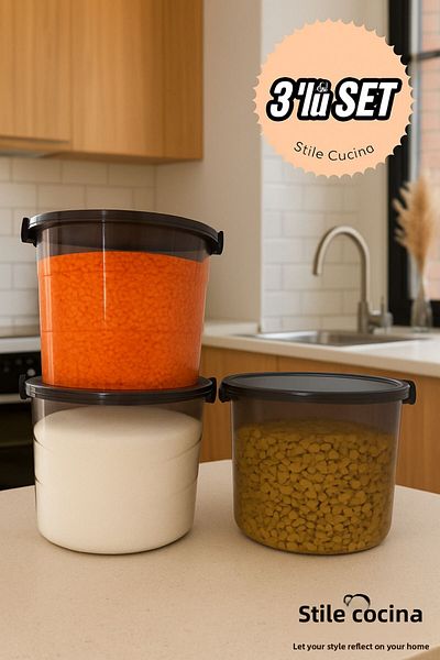 Stile Cucina Mega Size Advantageous 3-Piece Round Flour Pulses Container-Handled Detergent Dispenser Storage Box 7 Liters Anthracite