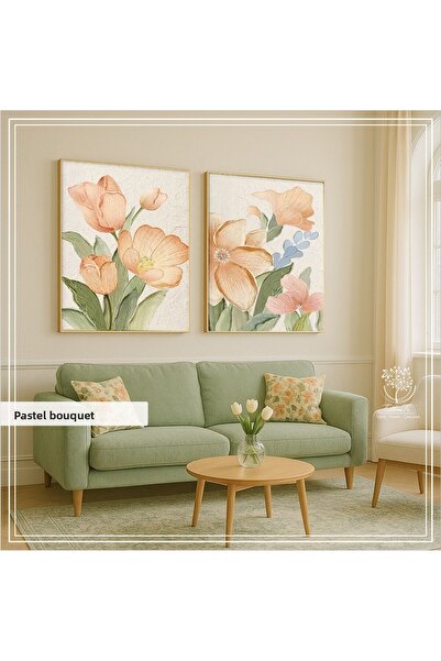 Tablomtr Digital Printed Metal Framed Glass 2-Piece Decorative Table - Pastel Bouquet Model a