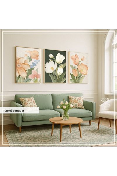 Tablomtr Masă decorativă din 3 piese cu sticlă cu cadru metalic imprimat digital - buchet de pasteluri