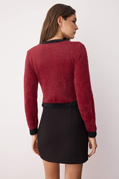 Trendyol Collection Burgundy Crop Beard/Feather Yarn Jacket Look Knitwear Cardigan Twoaw23Hi00549