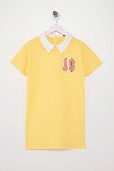 TRENDYOLKIDS Yellow Girls 100% Cotton Embroidered Shirt Collar Short Sleeve Short Knitted Dress Tkdss25El00090