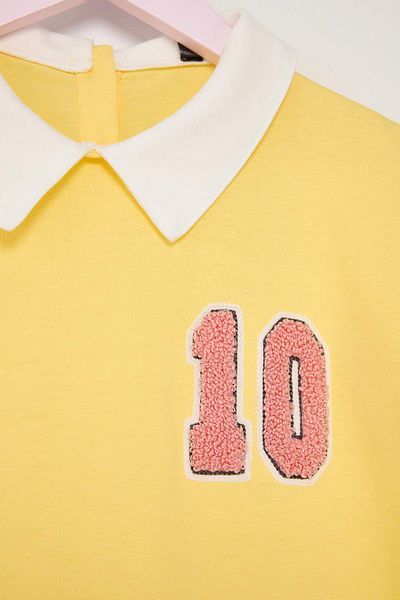 TRENDYOLKIDS Yellow Girls 100% Cotton Embroidered Shirt Collar Short Sleeve Short Knitted Dress Tkdss25El00090