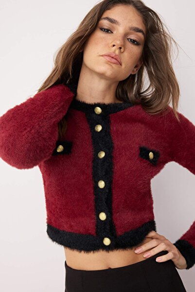 Trendyol Collection Burgundy Crop Beard/Feather Yarn Jacket Look Knitwear Cardigan Twoaw23Hi00549