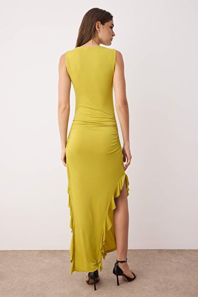 Trendyol Collection Oil Green Bodycone Zero Sleeve Slit Ruffle Detail Stretchy Maxi Pencil Dress Twoss24El00688