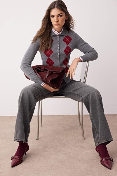 Trendyol Collection Gray Mercerized Look Premium/Special Yarn Argyle Polo Neck Knitwear Cardigan Twoaw26Hi00045