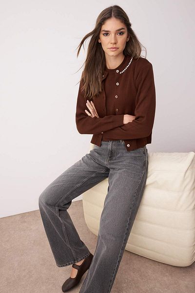 Trendyol Collection Brown Stone Detailed Soft Textured Double Knitwear Cardigan-Blouse Twoaw26Hi00007