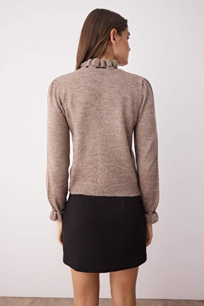 Trendyol Collection Sweter z dzianiny z miękkiej faktury z norki, ażurowy/dziurkowy, wstążkowy/kokardkowy TWOAW21KZ2355