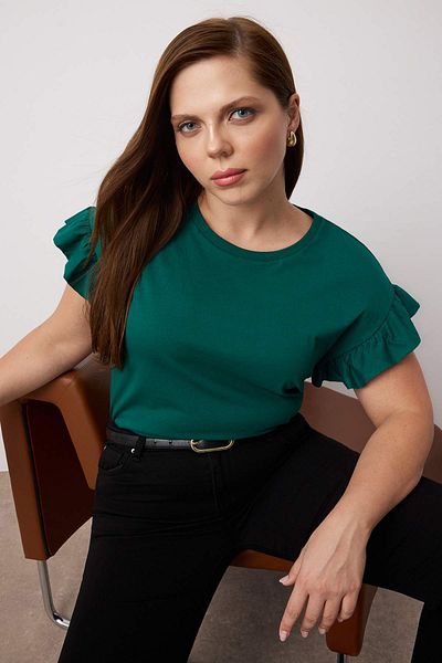 Trendyol Curve Emerald Green Crew Neck Ruffled Sleeves 100% Cotton Knitted T-Shirt Tbbss23Bf00006