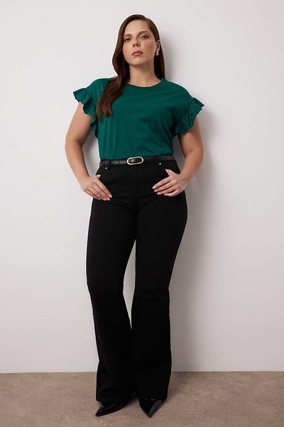 Trendyol Curve Emerald Green Crew Neck Ruffled Sleeves 100% Cotton Knitted T-Shirt Tbbss23Bf00006