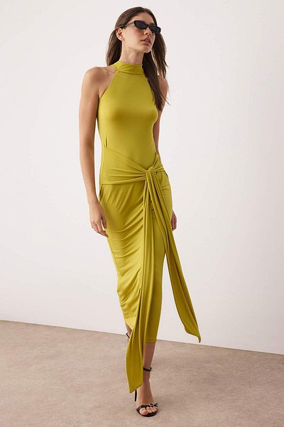 Trendyol Collection Oil Green Belt Detail Halter Neck Bodycone/Fitted Stretchy Maxi Knitted Dress Twoss25El00689
