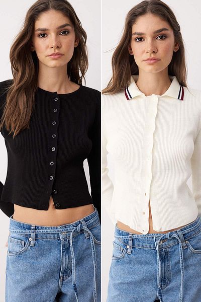 Trendyol Collection Black*001-Ecru Crop Color Block-Solid 2-Piece Knitwear Cardigan Twoaw26Hi00127
