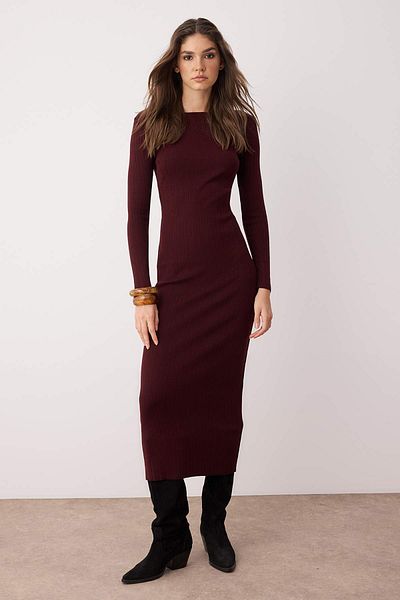 Trendyol Collection Rochie maxi din tricotaj cu aspect mercerizat burgundy din fire premium/fire speciale TWOAW25EL00052