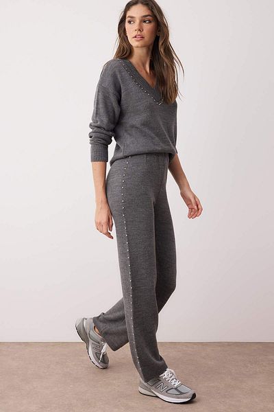 Trendyol Collection Anthracite Wide Fit Stone Detailed Knitwear Bottom-Top Set Twoaw24Au00008