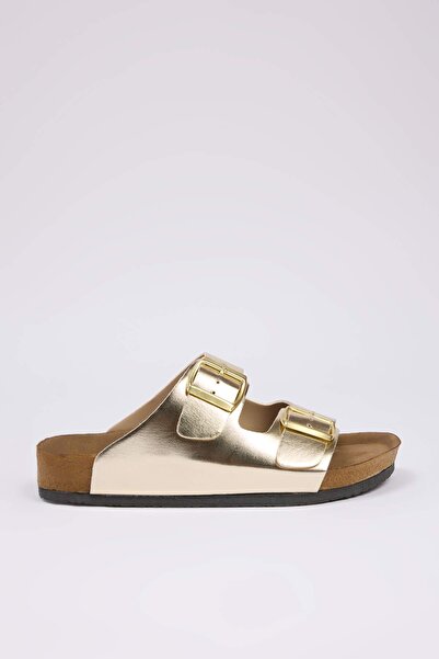 TRENDYOL SHOES Χρυσές γυναικείες παντόφλες με διπλή πόρπη TAKSS24TE00004
