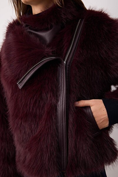 Trendyol Collection Burgundy Oversize Fit Fur Biker Jacket Coat Twoaw26Mo00058