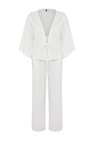 Trendyol Collection White Tie-Up Blouse and Pants Woven Bottom - Top Set Twoss25Au00124