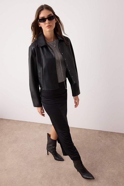 Trendyol Collection Black Regular Faux Leather Jacket Slim Coats Twoaw26Mo00007