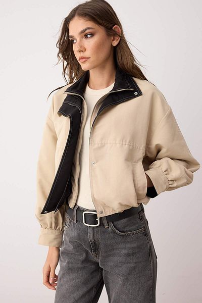 Trendyol Collection Beige Collar Contrast Color Detail Slim Jacket Coat Twoaw26Mo00118