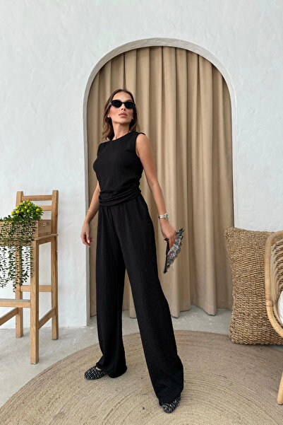 Aventien Seersucker Fabric Black Blouse Pants Set