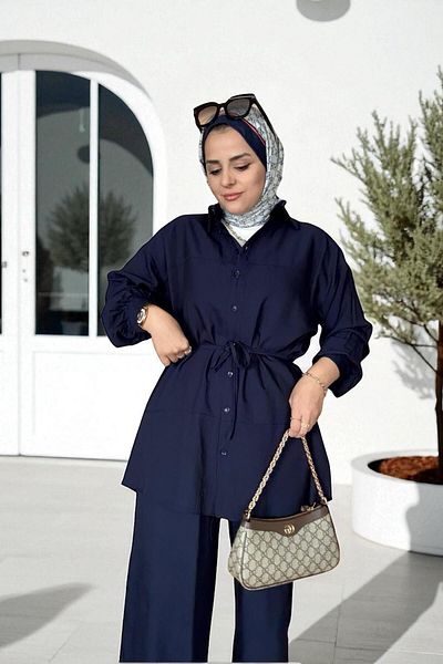 Aselim Hijap Moda Καλοκαιρινό κοστούμι με λινό πουκάμισο Strawberry – Άνετη κομψότητα με παντελόνι τσέπης (μέγεθος 36-48) Navy Blue