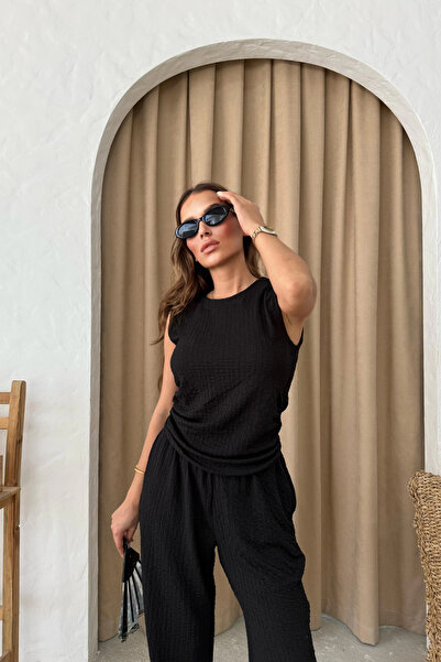 Aventien Seersucker Fabric Black Blouse Pants Set