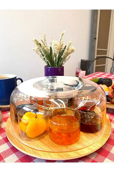 Noah Exclusive 8 Pieces 150 ml Borosilicate Glass Jam Bowl Bamboo Tray - Breakfast Bowl with Bamboo Lid - (70 X 50 mm)