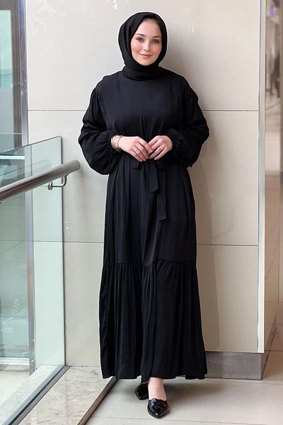 Ceremony Belted Waist and Gathered Sleeves Memol Cupra Dress
