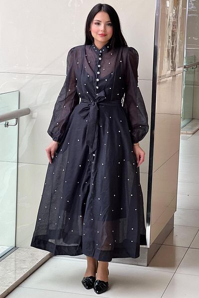 Mahal Organza Dress with Stone Buttons and Spreading Stones