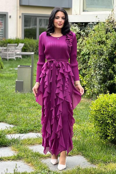 Mahal Ruffled Accordion Dress with Roses on the Shoulder