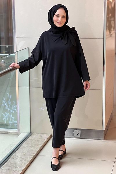 Ghisa طقم بنطال تونيك بياقة ديجاجي وعقدة فيونكة